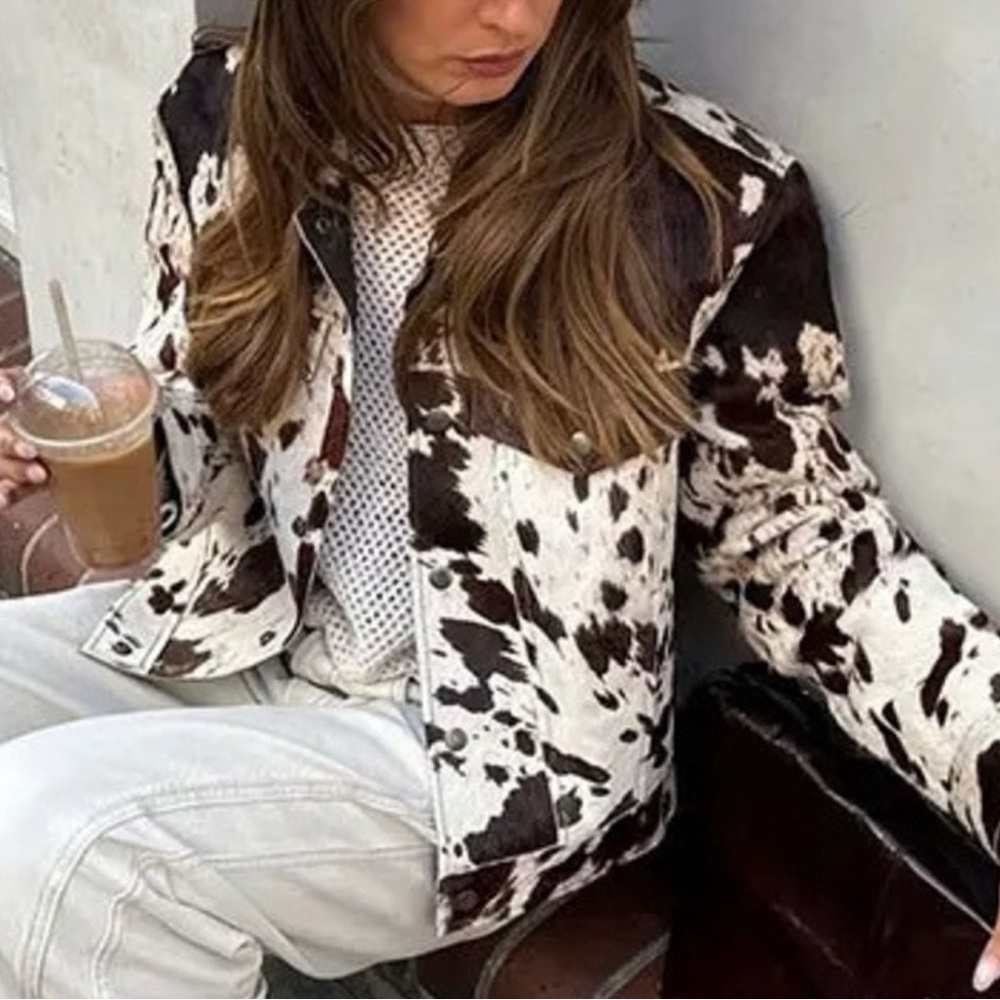 🐮 Hello Gorgeous! Cow Print Button-Front Jacket - Brown/White - Picture 3 of 10